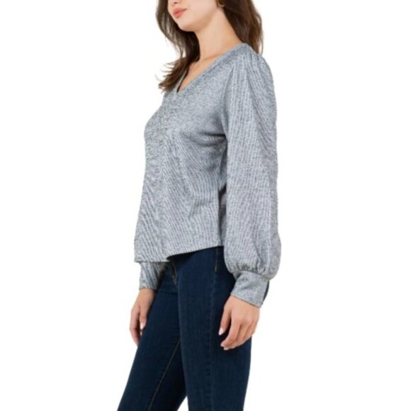 Fever Ladies Rib Knit Long Sleeve V-neck Top Grey - Size XL NWT - Picture 3 of 5